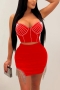 sexy plus size slight stretch slim rhinestone tassel padded mini skirt sets_Black_White_Red
