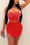 plus size sexy slight stretch 4 colors rhinestone tassels padded mini skirt sets_Black_Red