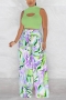 casual plus size slight stretch printing hollow wide-leg pants sets_White_Red_Light Green