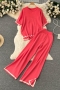 casual stretch ribbed knit contrast color crew neck pants sets_Watermelon Red