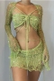 sexy slight stretch knitted sequins hole mini skirt three-piece sets_Light Green