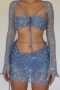 sexy slight stretch knitted sequins hole mini skirt three-piece sets_Light Green_Sky Blue