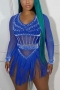 sexy plus-size slight stretch mesh rhinestone tassel shorts set_Black_White_Pink_Blue