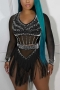 sexy plus-size slight stretch mesh rhinestone tassel shorts set_Black
