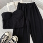 stylish 9 colors padded tube top with pocket wide-leg high waist pants set_Black