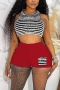 sexy plus-size non-stretch stripe crop vest slim short set_Black_White_Red