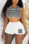 sexy plus-size non-stretch stripe crop vest slim short set_Black_White