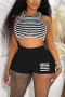 sexy plus-size non-stretch stripe crop vest slim short set_Black