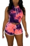 stylish plus size slight stretch tie dye batch printing hooded slim shorts sets_Yellow_Green_Purple