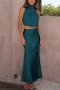 stylish slight stretch solid color button zip-up sleeveless maxi skirt sets_Black_White_Green_Dark Green
