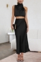 stylish slight stretch solid color button zip-up sleeveless maxi skirt sets_Black