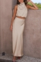 stylish slight stretch solid color button zip-up sleeveless maxi skirt sets_Black_White_Green_Dark Green_Sky Blue_Beige