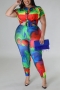 casual plus size slight stretch slim button tie dye printed pants sets_Magenta_Multicolor