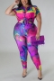 casual plus size slight stretch slim button tie dye printed pants sets_Magenta