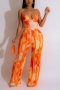 sexy plus size slight stretch sling padded tassel tie dye printed pants sets_Red_Magenta_Orange