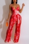 sexy plus size slight stretch sling padded tassel tie dye printed pants sets_Red