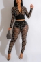 sexy plus-size slight stretch mesh rhinestone zip-up slim pants set_Black