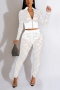 sexy plus-size slight stretch mesh rhinestone zip-up slim pants set_Black_White