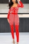 sexy plus-size slight stretch mesh rhinestone bodysuit pants set_Black_Red