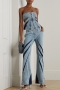 sexy non-stretch denim contrast color hollow tube design zip-up pants sets_Black_Sky Blue