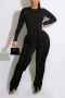 casual plus size slight stretch 8 colors solid color tassel bodysuit pants sets_Black