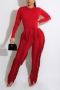 casual plus size slight stretch 8 colors solid color tassel bodysuit pants sets_Black_White_Red