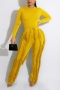 casual plus size slight stretch 8 colors solid color tassel bodysuit pants sets_Black_White_Red_Magenta_Yellow
