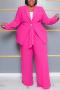 casual plus size non-stretch solid color belt high waist pants sets_Black_Magenta