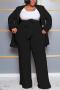 casual plus size non-stretch solid color belt high waist pants sets_Black