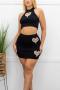 sexy slight stretch screw thread rhinestone heart hollow mini skirt sets_Black