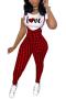casual plus size slight stretch houndstooth letter printing pants sets_Black_Red