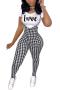 casual plus size slight stretch houndstooth letter printing pants sets_Black