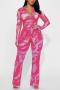 sexy slight stretch mesh see-through tie-dye printing pants sets_Magenta