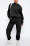 stylish plus size slight stretch 9 colors solid pocket loose sweatshirt sets_Black