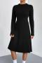 casual slight stretch knitted 4 colors sweater & midi skirt set_Black