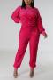stylish plus size slight stretch solid color sequins long sleeve pants sets_Magenta