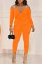 stylish plus size slight stretch pure color metallic chain top & pants set_Black_Orange