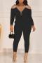 stylish plus size slight stretch pure color metallic chain top & pants set_Black