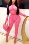 casual plus size slight stretch fixed printing crew neck zip-up pants sets_Magenta