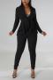 sexy plus size slight stretch 5 colors solid color deep v zip-up pants sets_Black