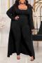 casual plus size high stretch 15 colors solid color ribbed knit three piece sets_Black