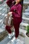casual plus size slight stretch solid color zip-up pocket velvet pant sets_Black_Rose Red