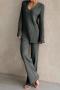 casual slight stretch solid color knitted slit v-neck pants sets_Dark Gray