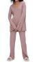 casual slight stretch solid color knitted slit v-neck pants sets_Dark Gray_Pink