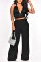 sexy non-stretch chiffon halter neck sequins zip-up backless pant sets_Black