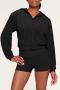 casual slight stretch velvet solid color hooded shorts sets_Black