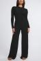 plus size solid color casual stretch ribbed knit crew neck pants set_Black