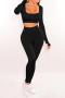 plus size stretch solid color ribbed knit sexy slim crop top pants set_Black