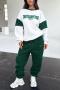 casual plus size non-stretch contrast color letter print sweatshirt sets_Dark Green