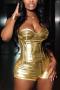 sexy slight stretch holographic boned bandeau vest & shorts set(no underwire)_Gold